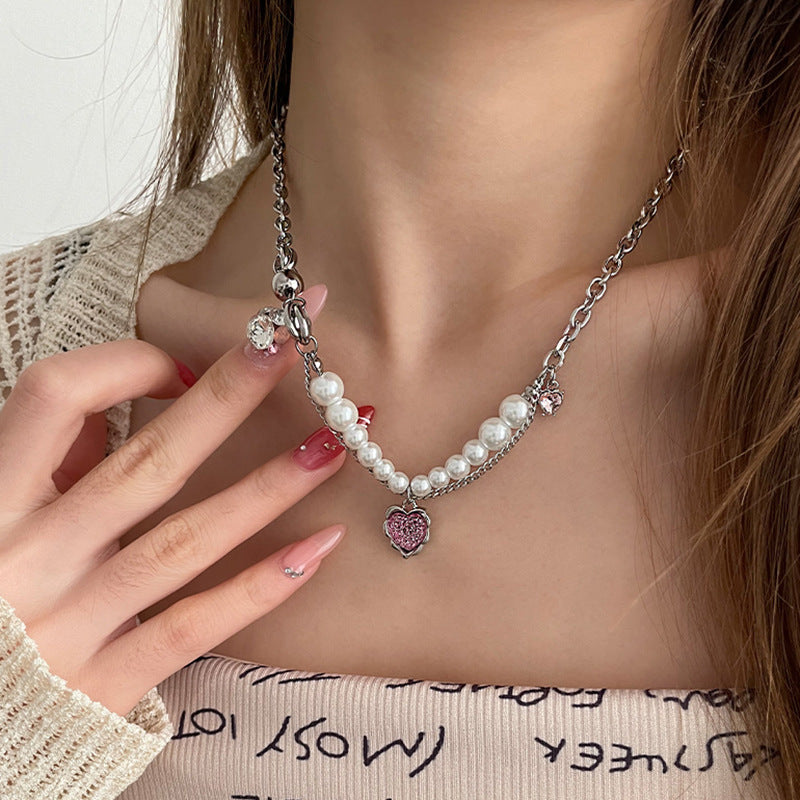 Wholesale Pink Heart Pearl Stitching Necklaces